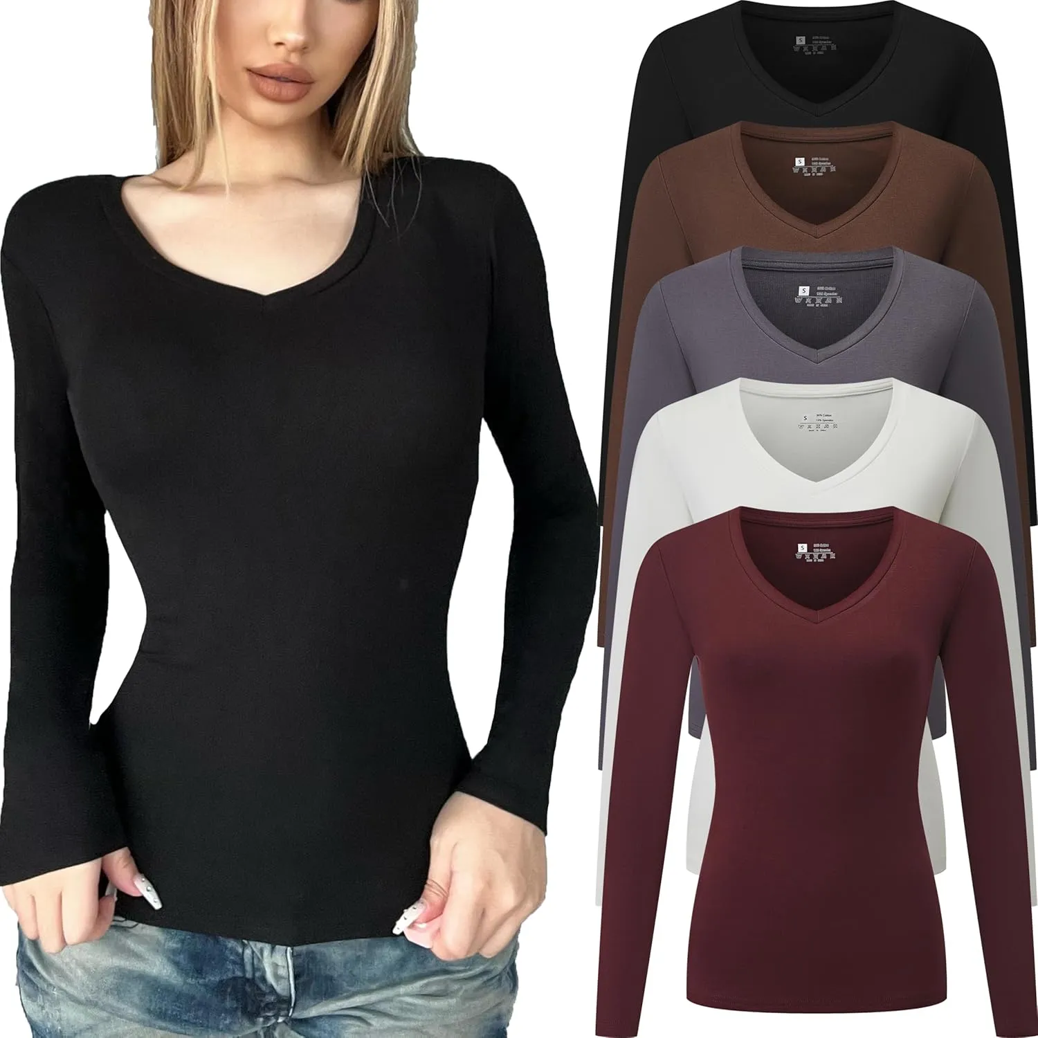 5 Pack Women's T-Shirt Long Sleeve V Neck Tops Cotton Bodycon Fall Winter Slim Fit Tunics Going Out Tees