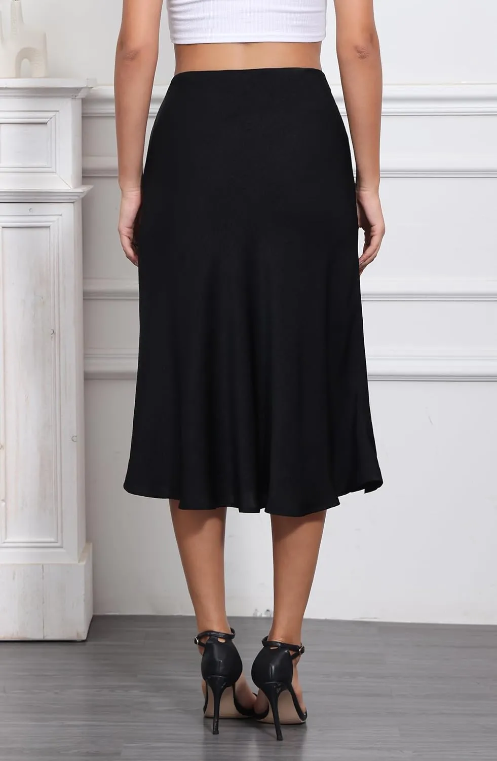 ALCEA ROSEA Womens Satin High Waisted Silky Midi Skirt Elastic A-line Skirt for Wedding Party Work