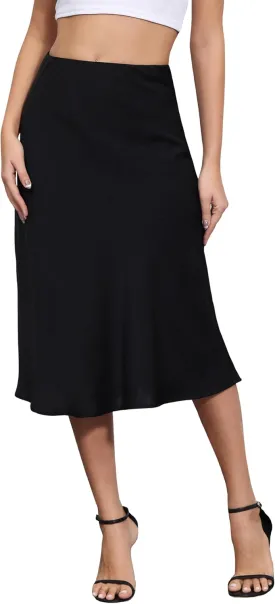 ALCEA ROSEA Womens Satin High Waisted Silky Midi Skirt Elastic A-line Skirt for Wedding Party Work