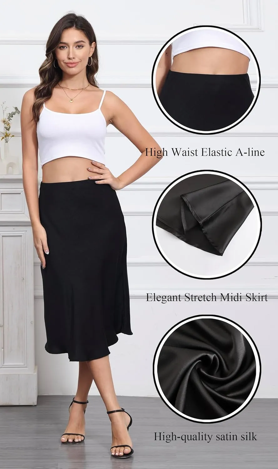 ALCEA ROSEA Womens Satin High Waisted Silky Midi Skirt Elastic A-line Skirt for Wedding Party Work