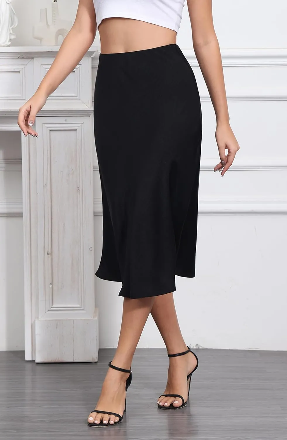 ALCEA ROSEA Womens Satin High Waisted Silky Midi Skirt Elastic A-line Skirt for Wedding Party Work