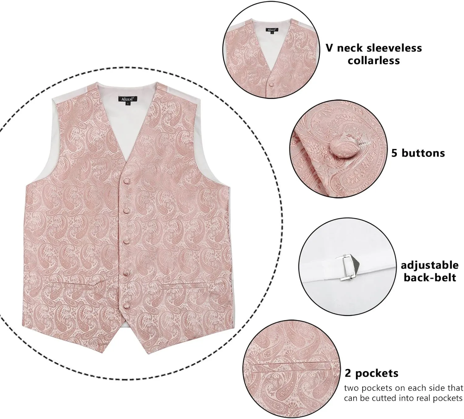 Alizeal Mens 5pcs Paisley Suit Vest Classic Jacquard Button-Down Waistcoat Set