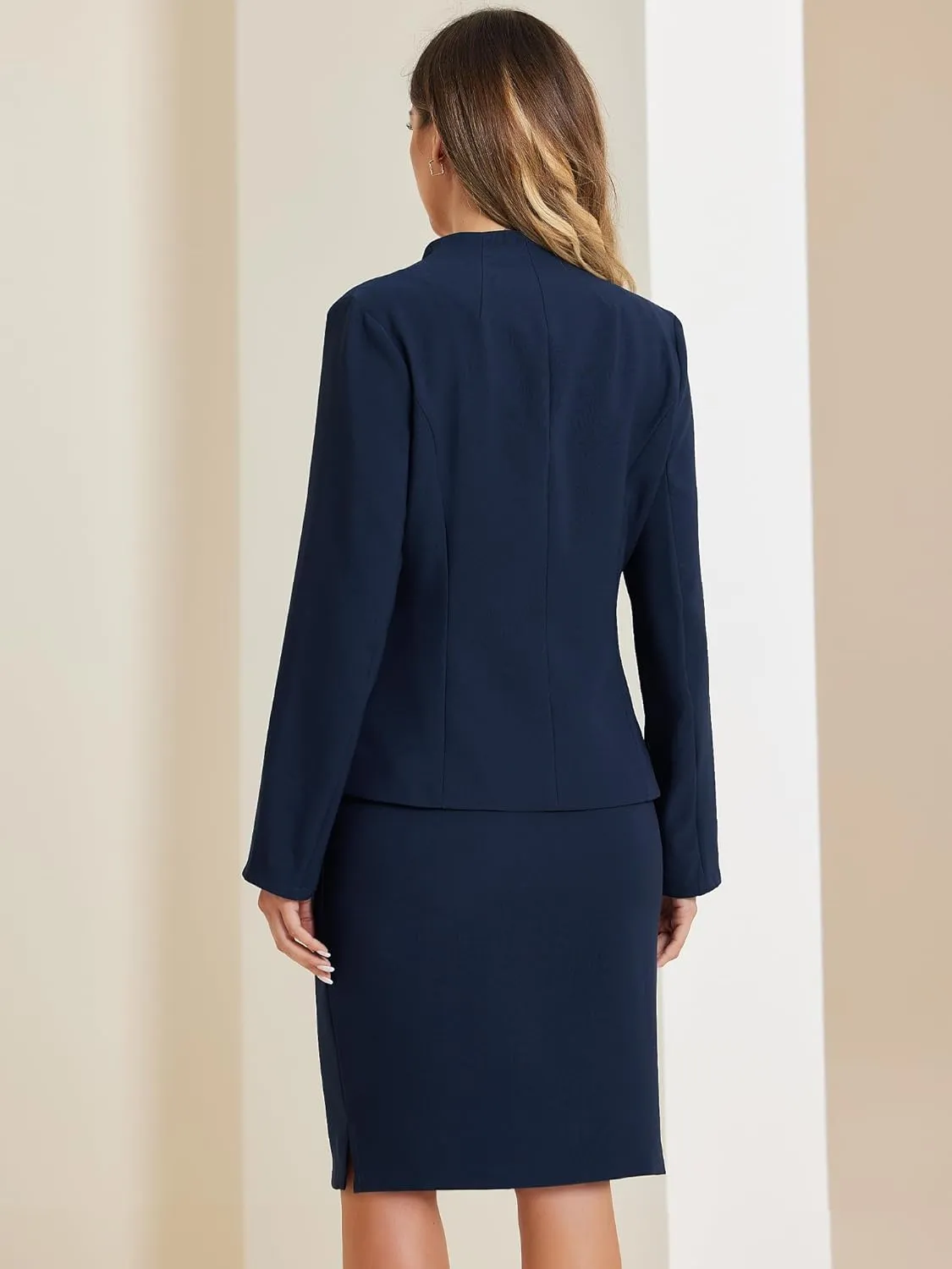 Allegra K 2 Piece Suit Skirt Set for Women's Business Formal Collarless Blazer and Pencil Skirts