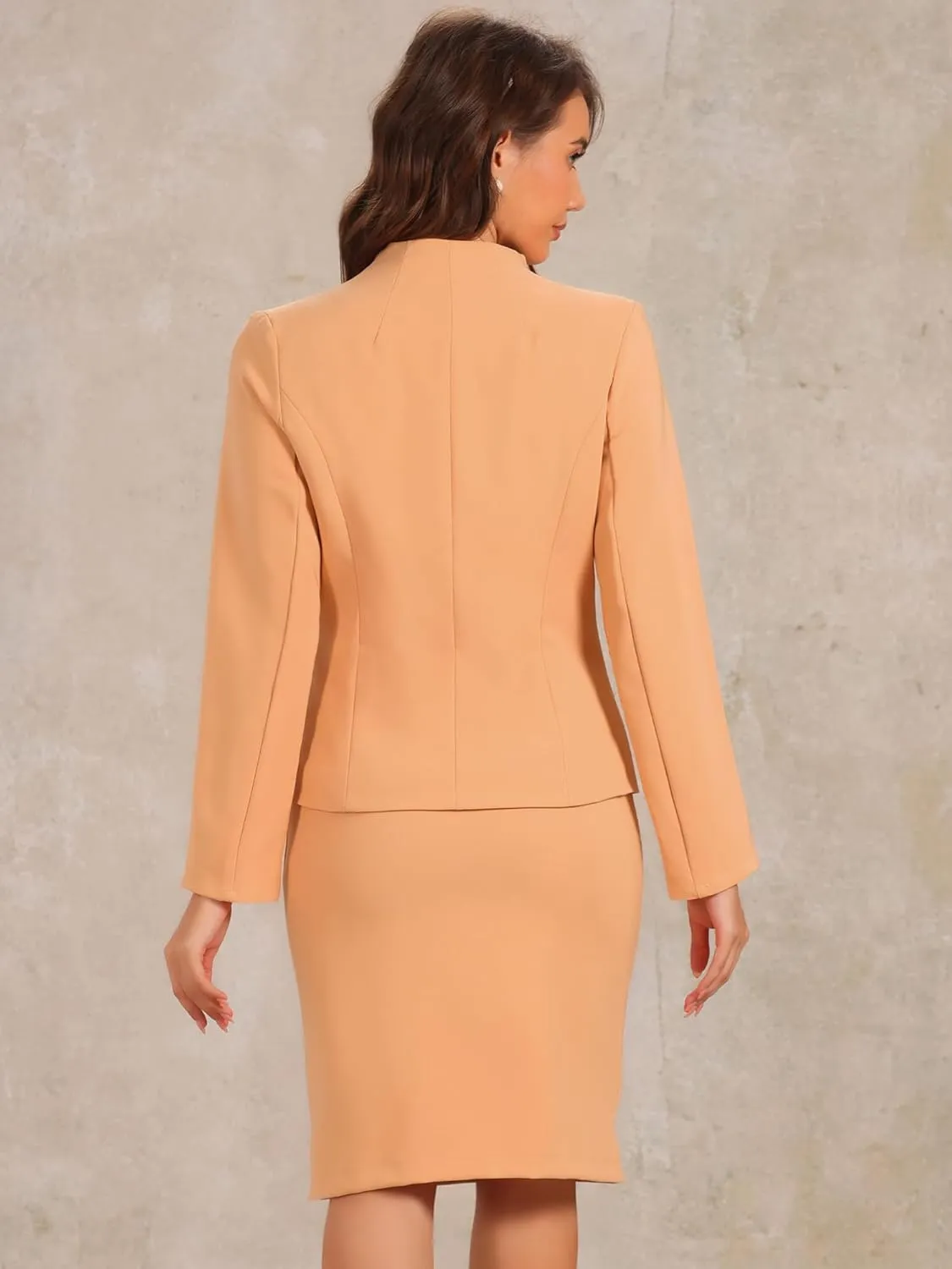 Allegra K 2 Piece Suit Skirt Set for Women's Business Formal Collarless Blazer and Pencil Skirts