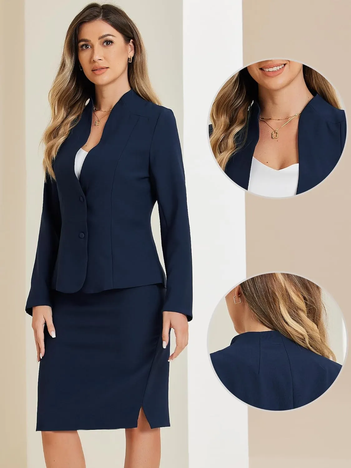 Allegra K 2 Piece Suit Skirt Set for Women's Business Formal Collarless Blazer and Pencil Skirts