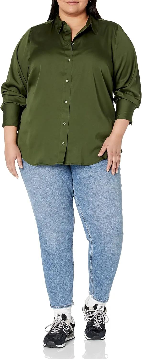 Amazon Essentials Women's Classic-Fit Satin Button Down Blouse (Available in Plus Size)