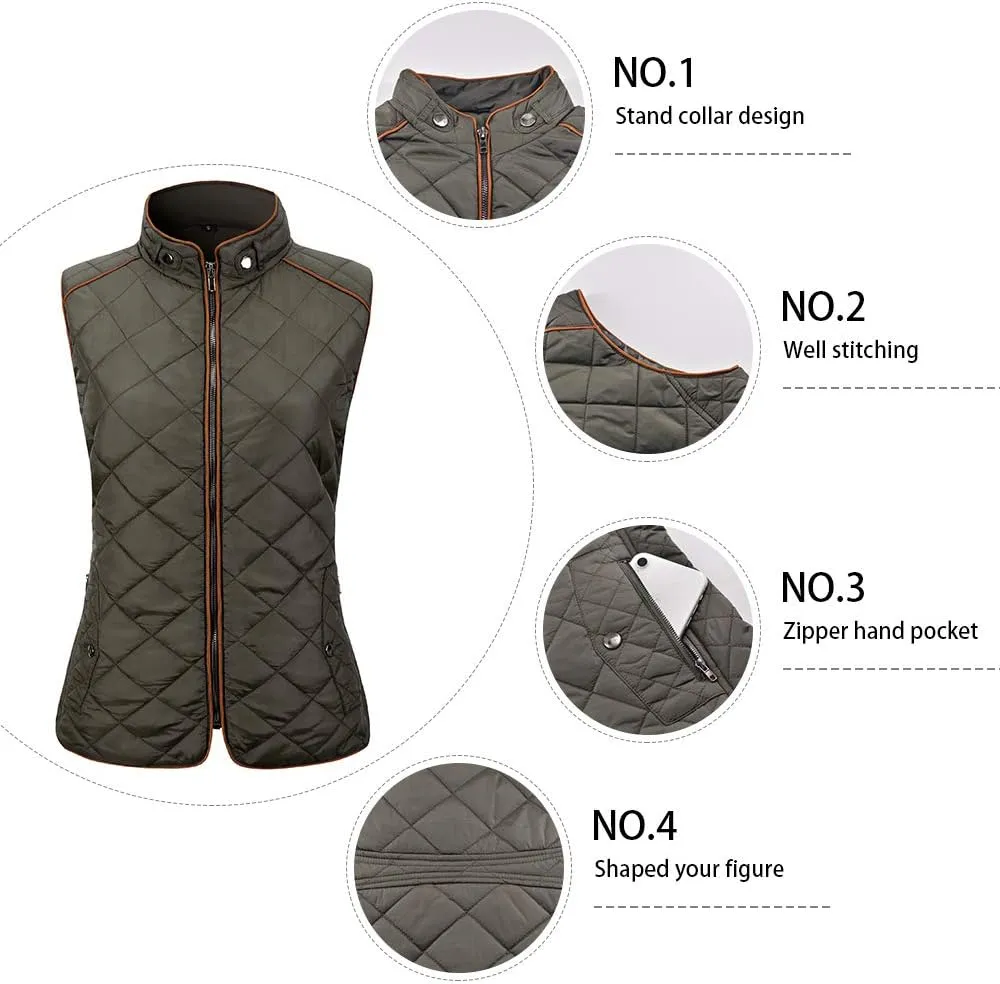 Anienaya Women's Quilted Vest Lightweight Padded Gilet Stand Collar Sleeveless Zip Up Puffer Warm Jacket w 2 Pocket