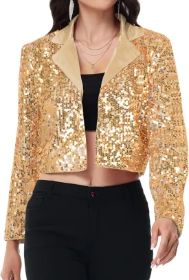 Anna-Kaci Women's Sparkly Crop Sequin Blazer Jacket Long Sleeve Party Club Cardigan Out, Black and Silver, Large