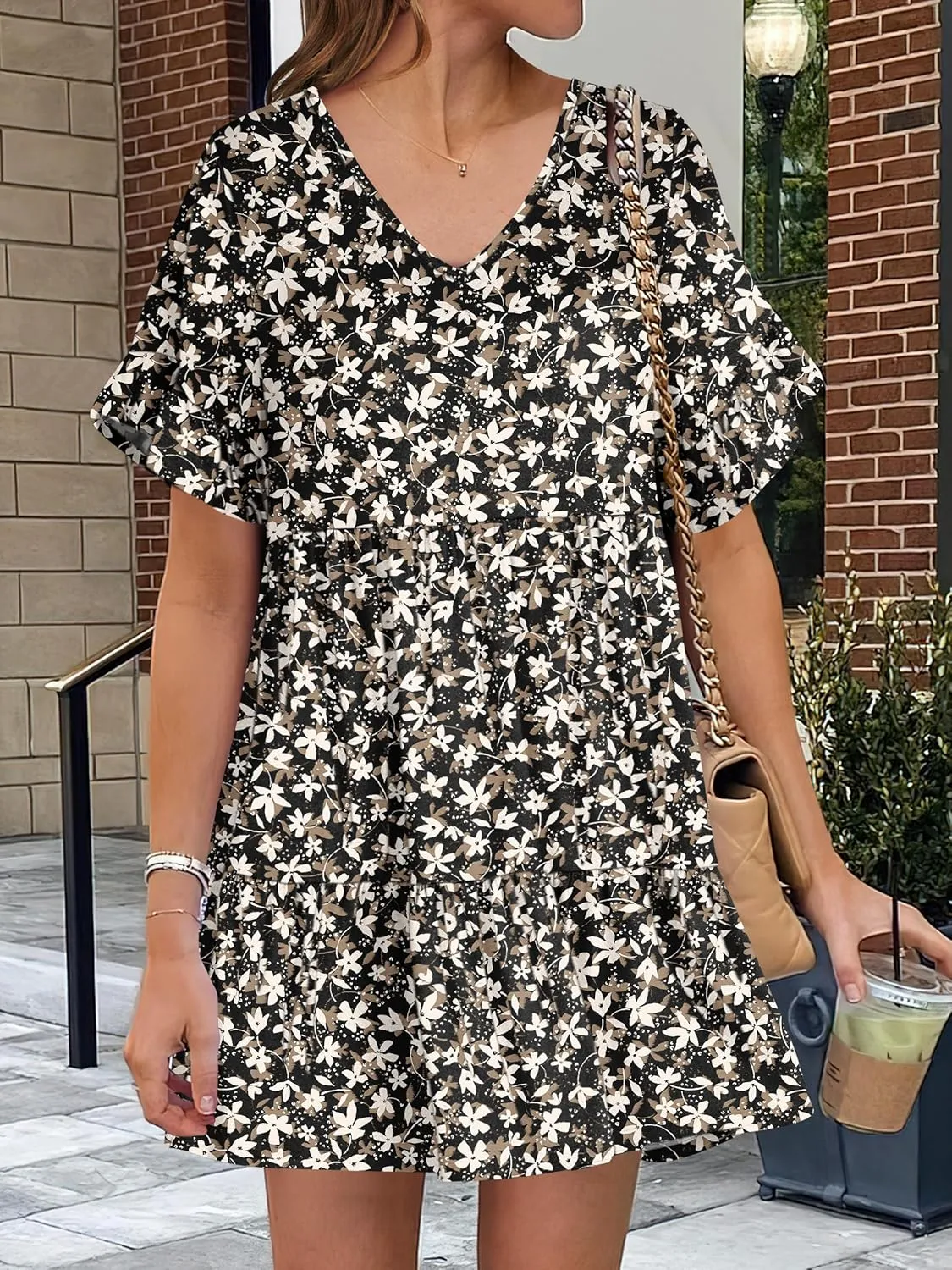 ANRABESS Dresses for Women Summer 2025 V Neck Ruffle Sleeve A Line Tiered Flowy Casual Trendy Mini Beach Dress with Pockets