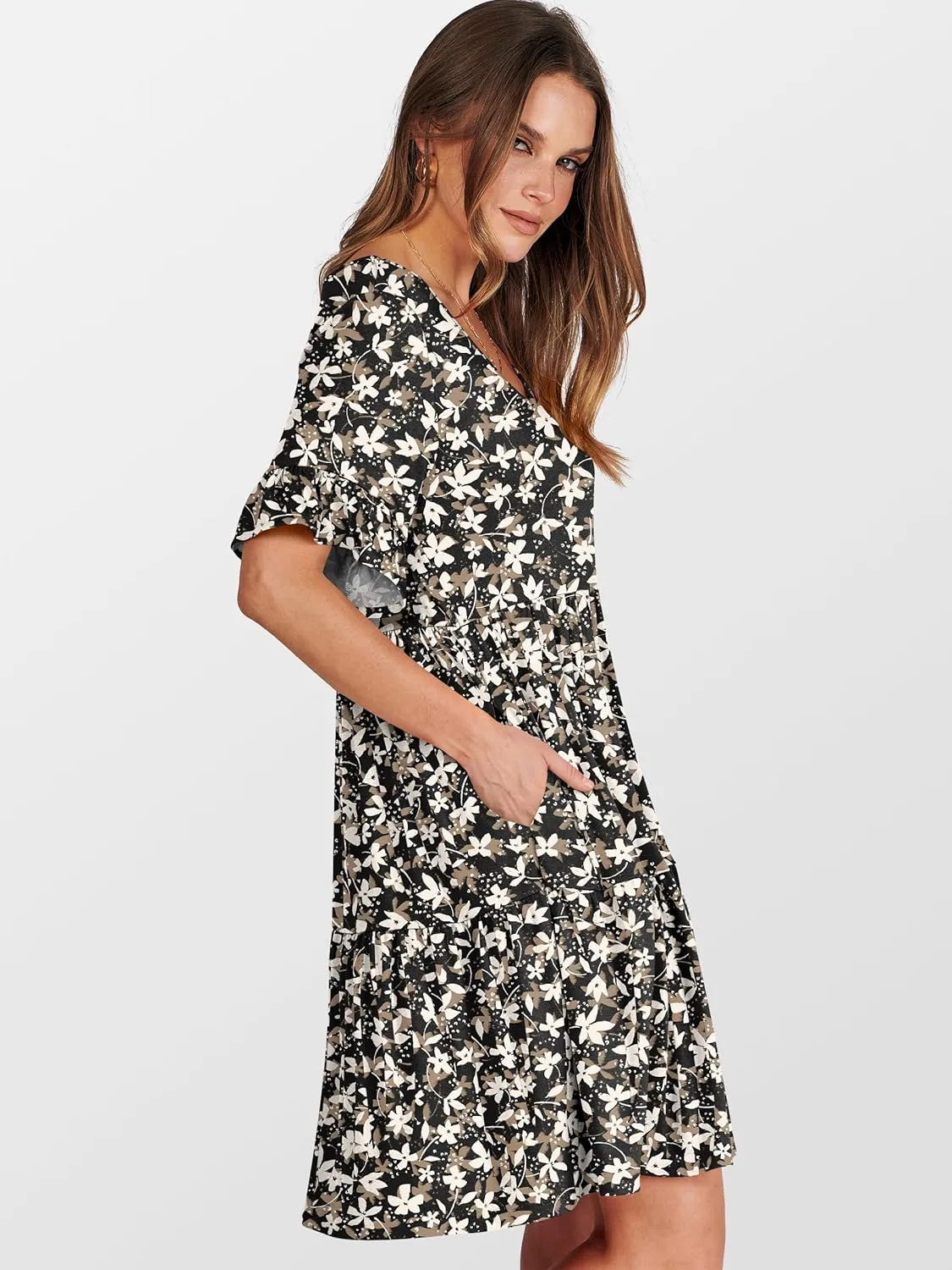 ANRABESS Dresses for Women Summer 2025 V Neck Ruffle Sleeve A Line Tiered Flowy Casual Trendy Mini Beach Dress with Pockets