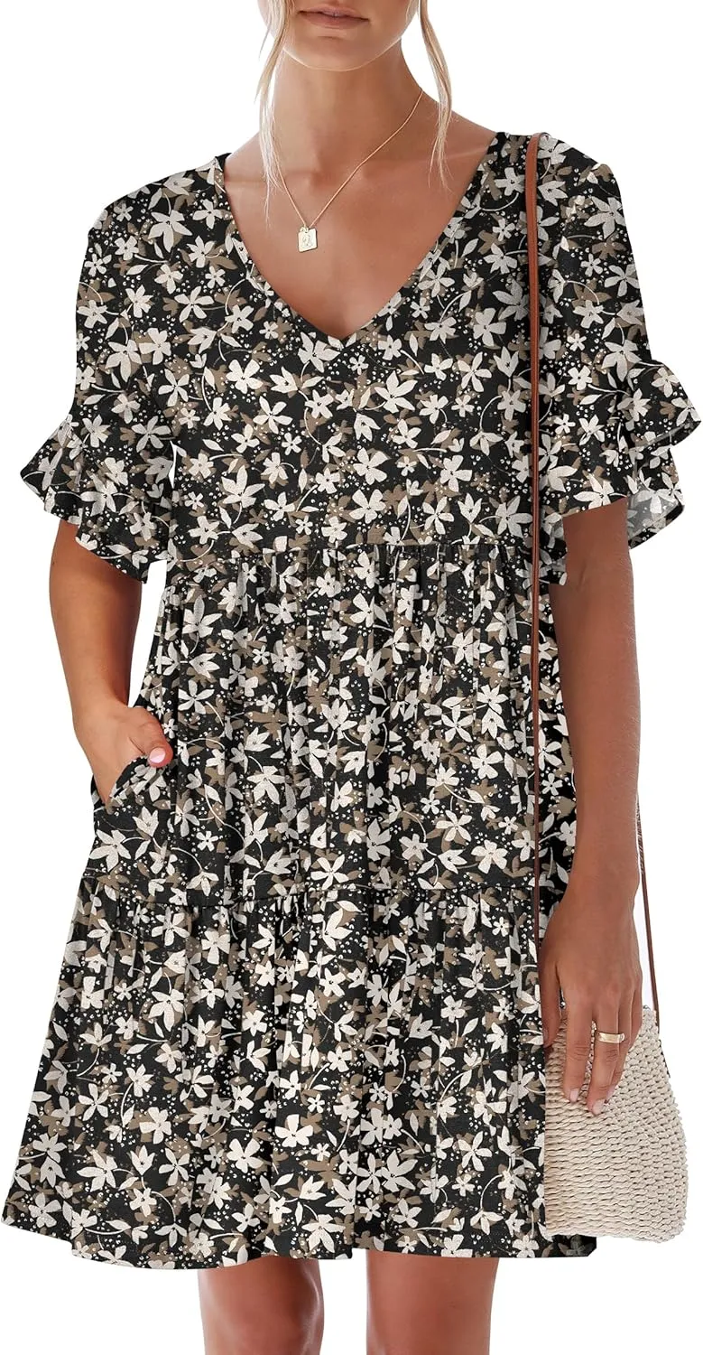 ANRABESS Dresses for Women Summer 2025 V Neck Ruffle Sleeve A Line Tiered Flowy Casual Trendy Mini Beach Dress with Pockets