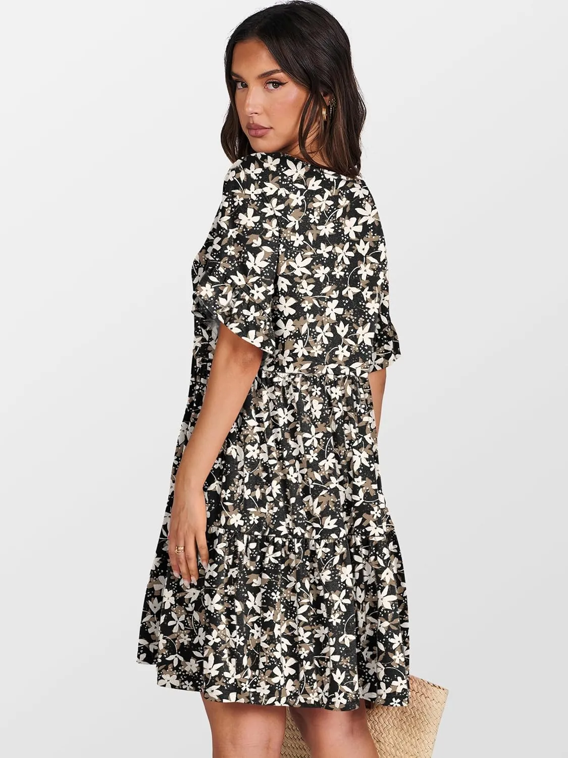 ANRABESS Dresses for Women Summer 2025 V Neck Ruffle Sleeve A Line Tiered Flowy Casual Trendy Mini Beach Dress with Pockets