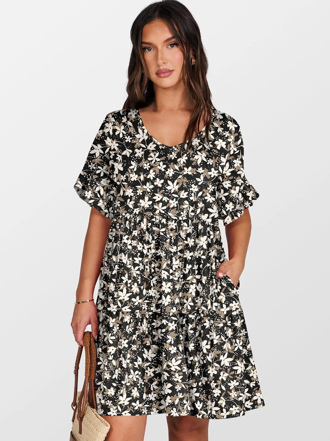 ANRABESS Dresses for Women Summer 2025 V Neck Ruffle Sleeve A Line Tiered Flowy Casual Trendy Mini Beach Dress with Pockets