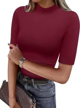 ANRABESS Women Tops Mock Neck 1/2 Short Sleeve Dressy Shirts Blouses Work Tees Business 2025 Spring Summer Casual Outfits