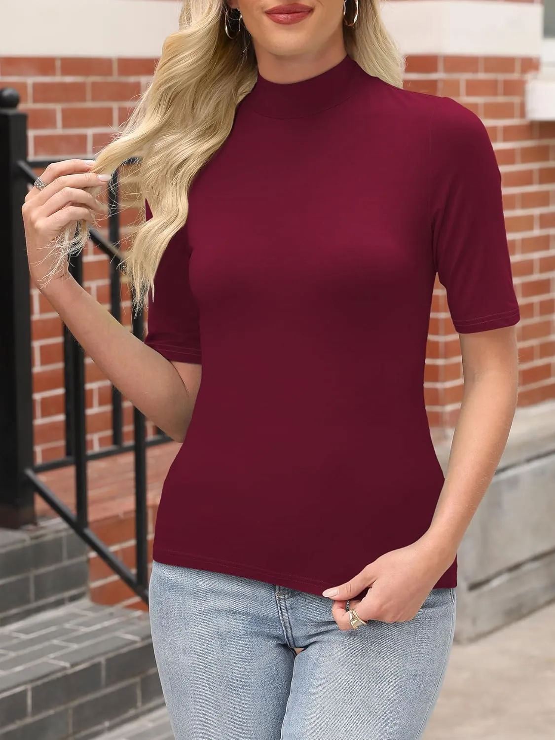 ANRABESS Women Tops Mock Neck 1/2 Short Sleeve Dressy Shirts Blouses Work Tees Business 2025 Spring Summer Casual Outfits
