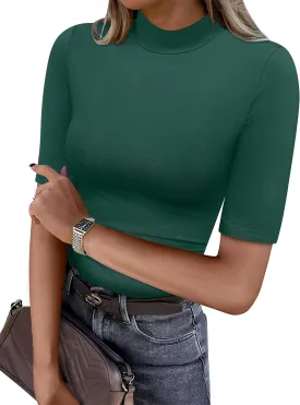 ANRABESS Women Tops Mock Neck 1/2 Short Sleeve Dressy Shirts Blouses Work Tees Business 2025 Spring Summer Casual Outfits