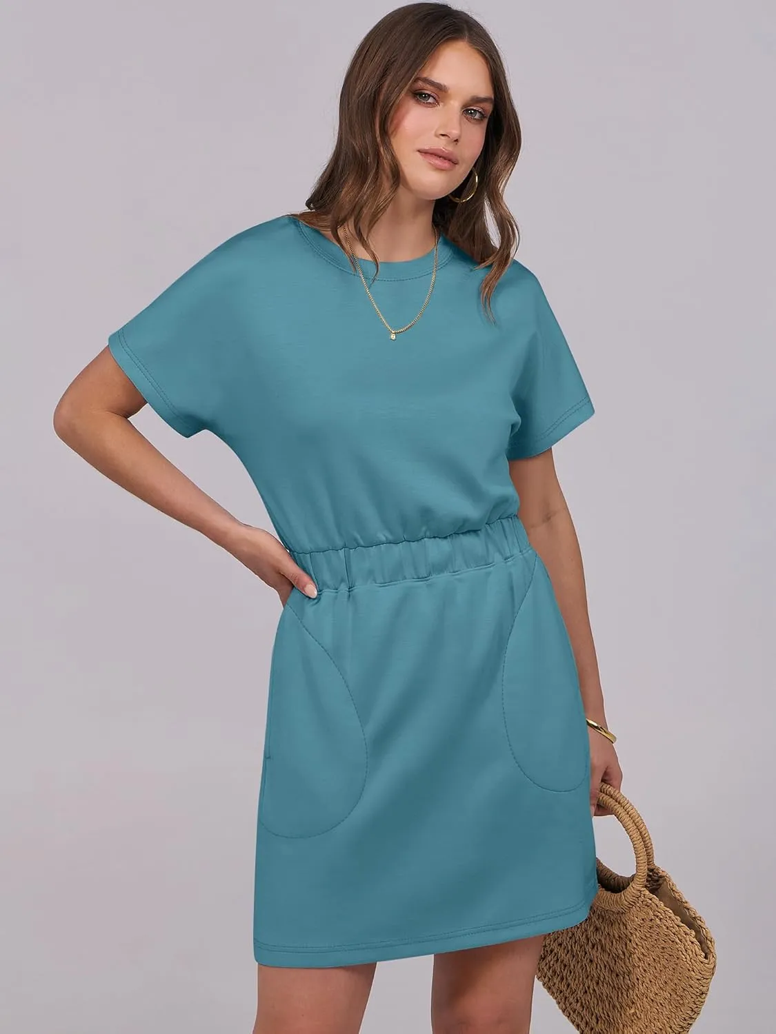 ANRABESS Womens Dresses 2025 Summer Casual Short Sleeve Crew Neck Elastic Waist Mini T Shirt Dress with Pockets