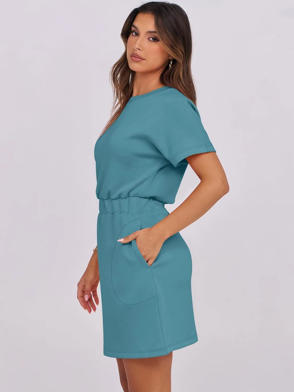 ANRABESS Womens Dresses 2025 Summer Casual Short Sleeve Crew Neck Elastic Waist Mini T Shirt Dress with Pockets