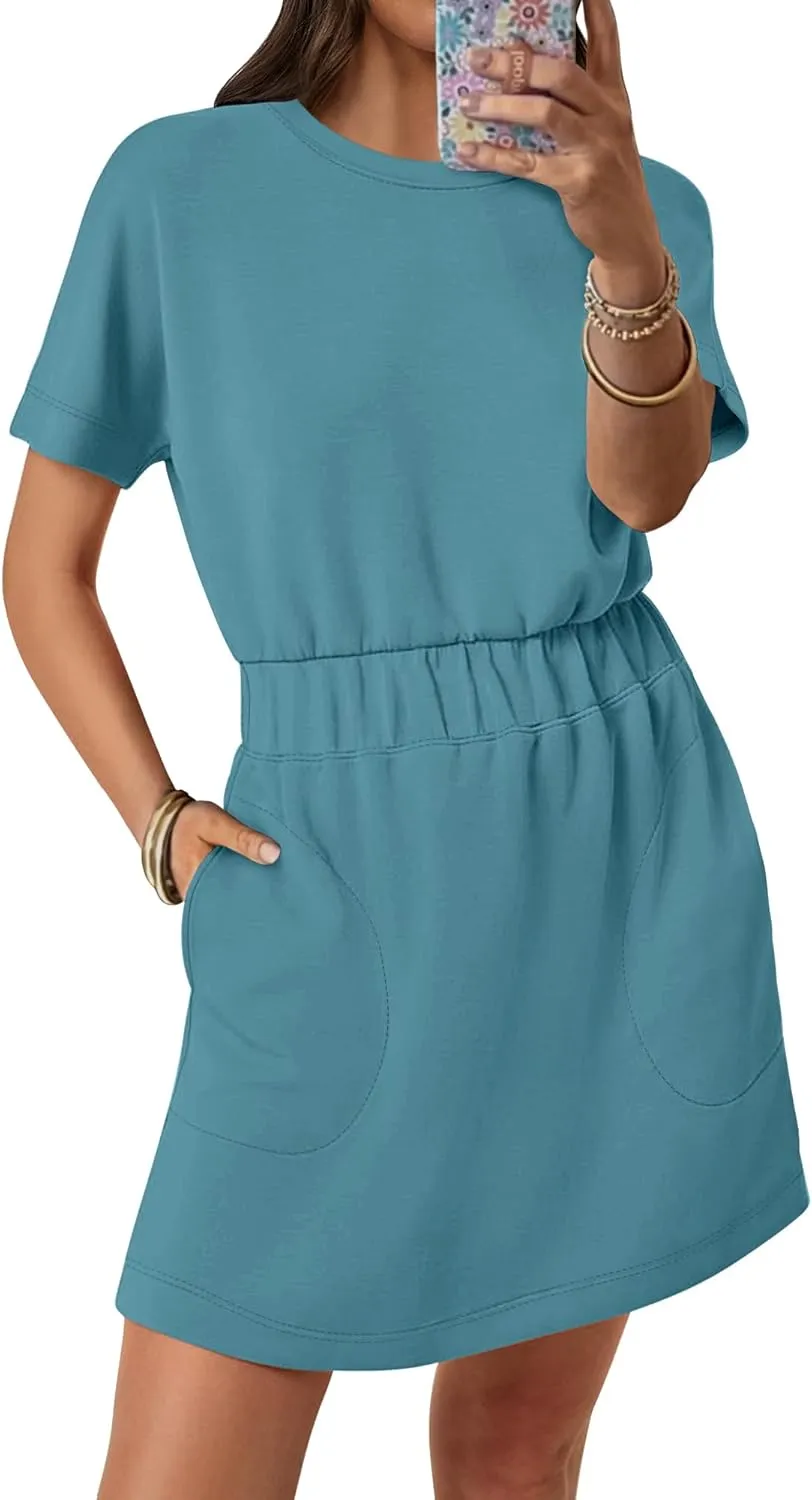 ANRABESS Womens Dresses 2025 Summer Casual Short Sleeve Crew Neck Elastic Waist Mini T Shirt Dress with Pockets