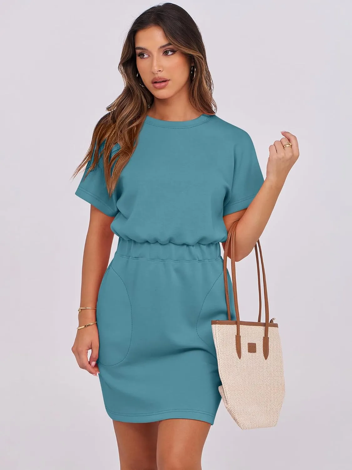 ANRABESS Womens Dresses 2025 Summer Casual Short Sleeve Crew Neck Elastic Waist Mini T Shirt Dress with Pockets