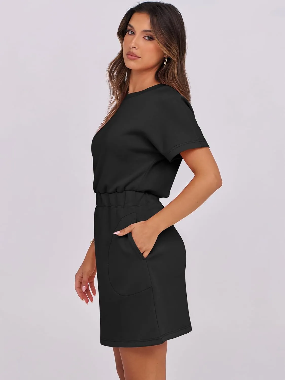 ANRABESS Womens Dresses 2025 Summer Casual Short Sleeve Crew Neck Elastic Waist Mini T Shirt Dress with Pockets