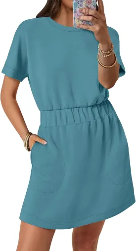 ANRABESS Womens Dresses 2025 Summer Casual Short Sleeve Crew Neck Elastic Waist Mini T Shirt Dress with Pockets