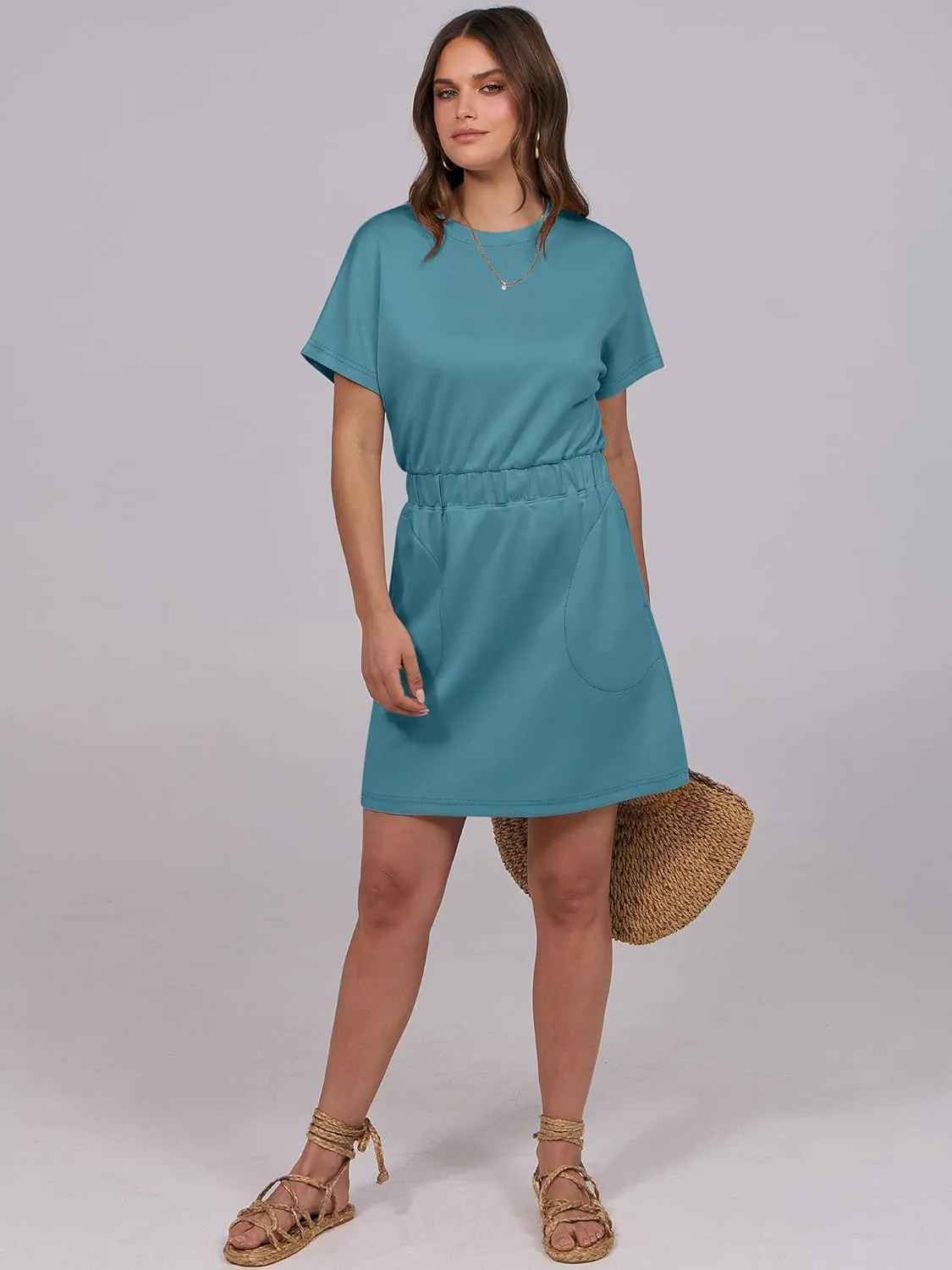 ANRABESS Womens Dresses 2025 Summer Casual Short Sleeve Crew Neck Elastic Waist Mini T Shirt Dress with Pockets