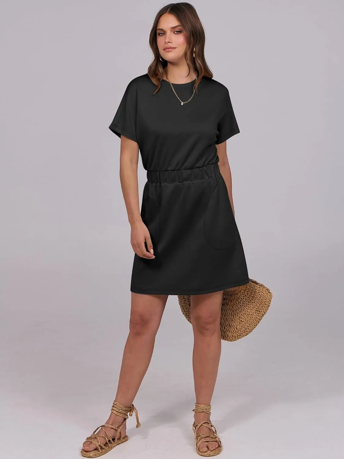 ANRABESS Womens Dresses 2025 Summer Casual Short Sleeve Crew Neck Elastic Waist Mini T Shirt Dress with Pockets