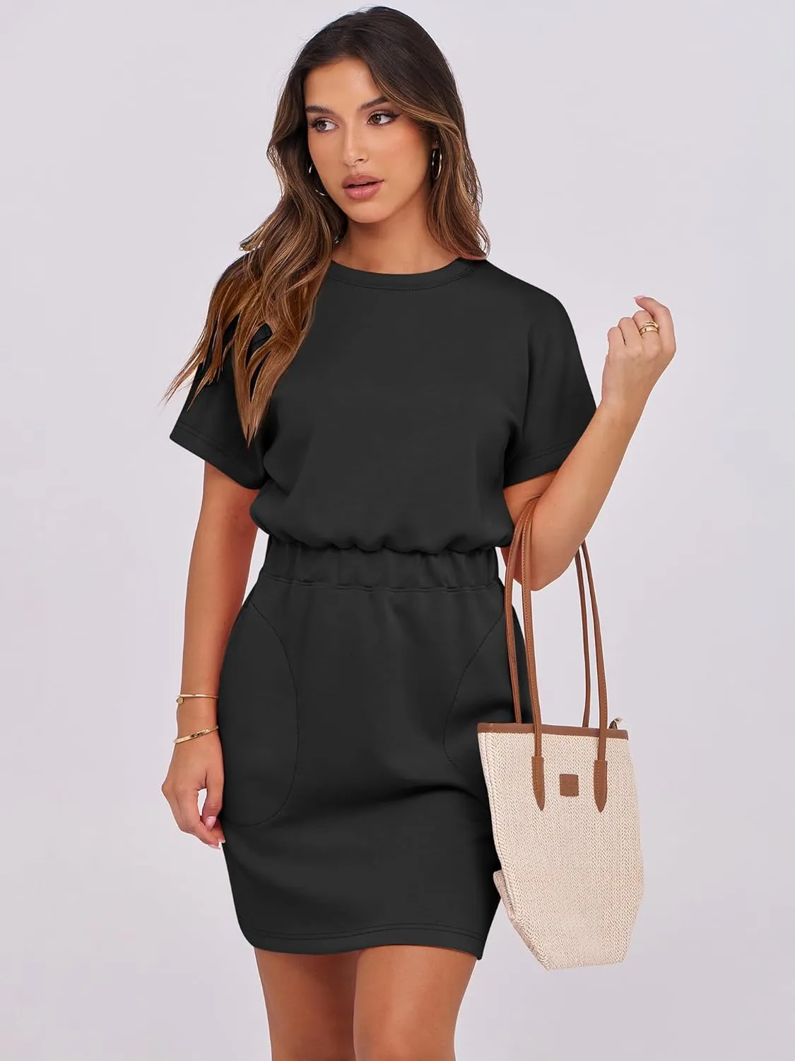 ANRABESS Womens Dresses 2025 Summer Casual Short Sleeve Crew Neck Elastic Waist Mini T Shirt Dress with Pockets