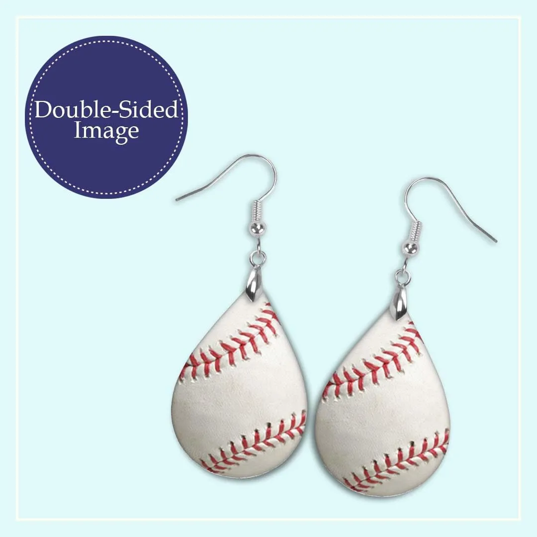 Baseball Earrings for Women Dangle Teardrop Sports Coach Mom Mothers Day Gift Handmade by The Painted Pug (White Baseball) (White Baseball)