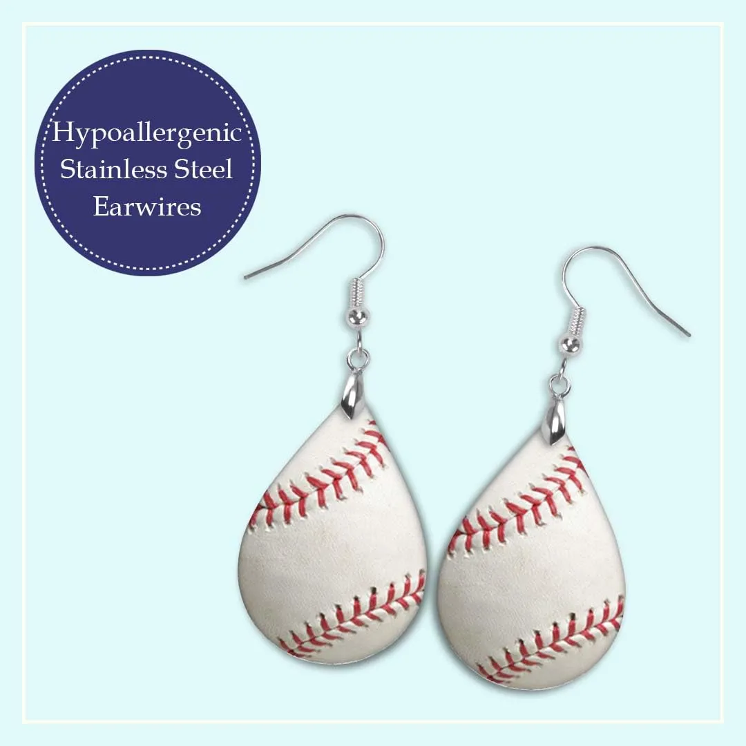 Baseball Earrings for Women Dangle Teardrop Sports Coach Mom Mothers Day Gift Handmade by The Painted Pug (White Baseball) (White Baseball)