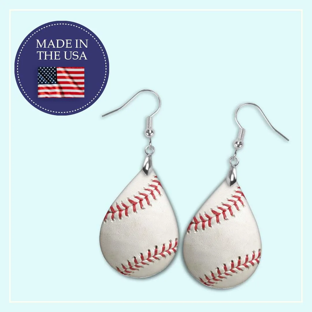Baseball Earrings for Women Dangle Teardrop Sports Coach Mom Mothers Day Gift Handmade by The Painted Pug (White Baseball) (White Baseball)