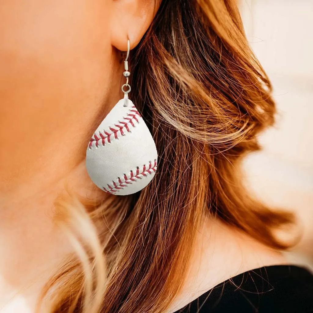 Baseball Earrings for Women Dangle Teardrop Sports Coach Mom Mothers Day Gift Handmade by The Painted Pug (White Baseball) (White Baseball)