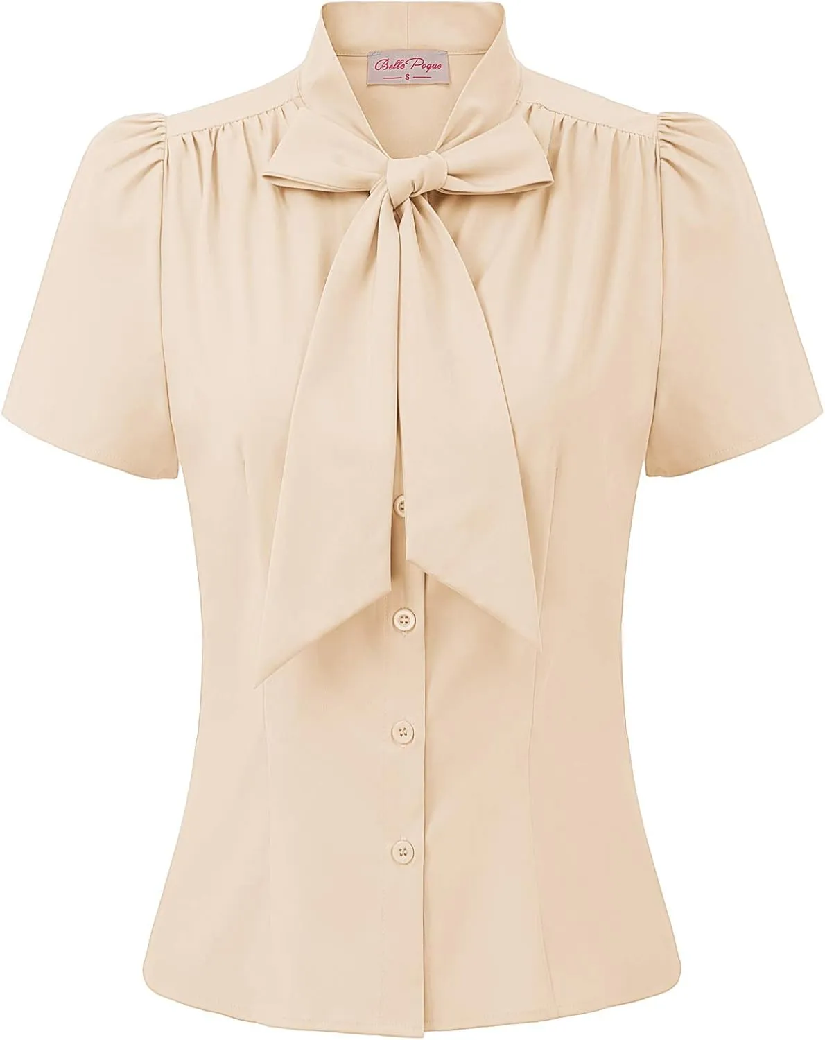 Belle Poque Summer Short Sleeve Office Button Down Blouse Stripe Shirt Tops with Bow Tie BP573