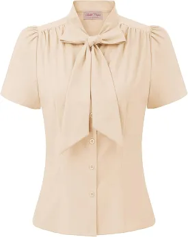 Belle Poque Summer Short Sleeve Office Button Down Blouse Stripe Shirt Tops with Bow Tie BP573