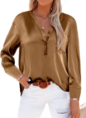 Beyove Satin Blouses for Women Button Down Silky Shirts V Neck Roll Up Long Sleeve Casual Loose Office Work Tops