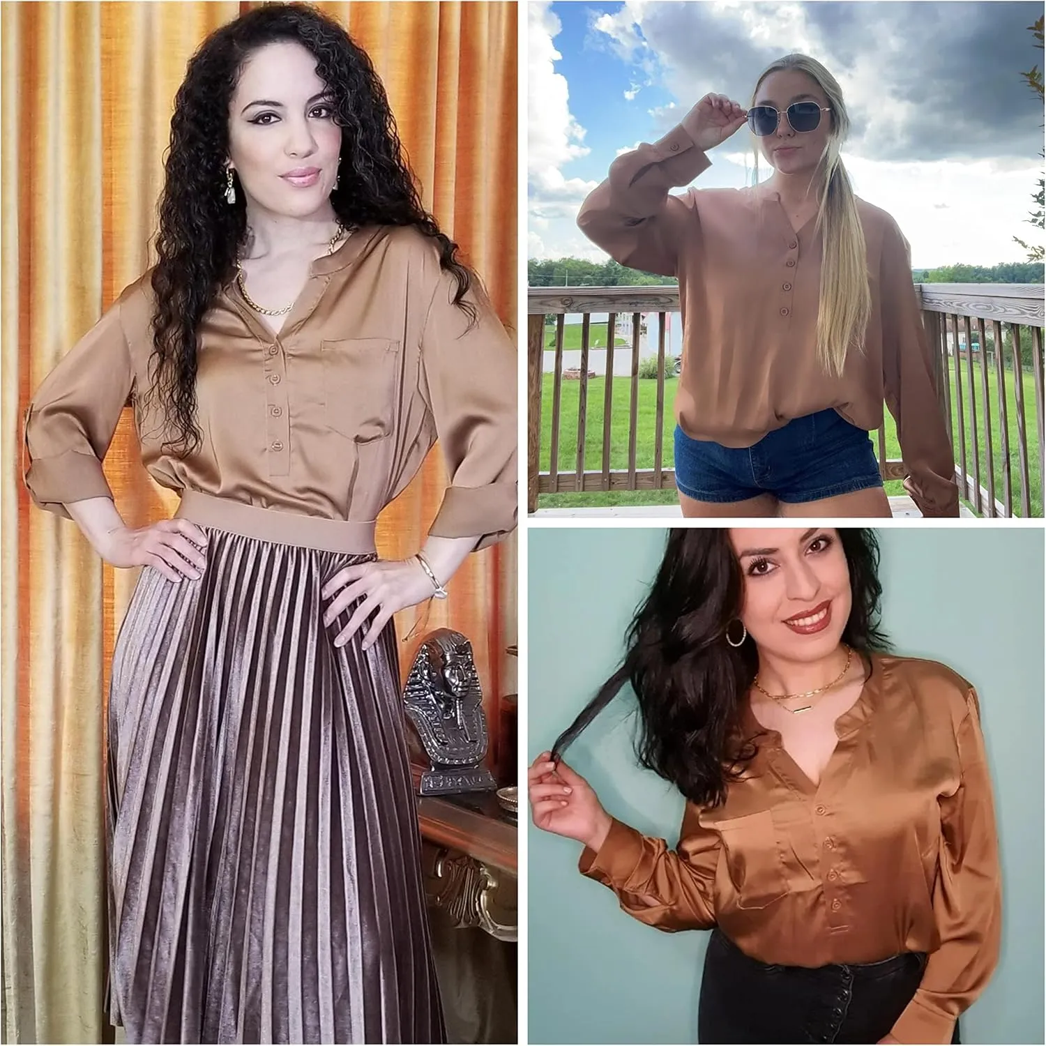 Beyove Satin Blouses for Women Button Down Silky Shirts V Neck Roll Up Long Sleeve Casual Loose Office Work Tops