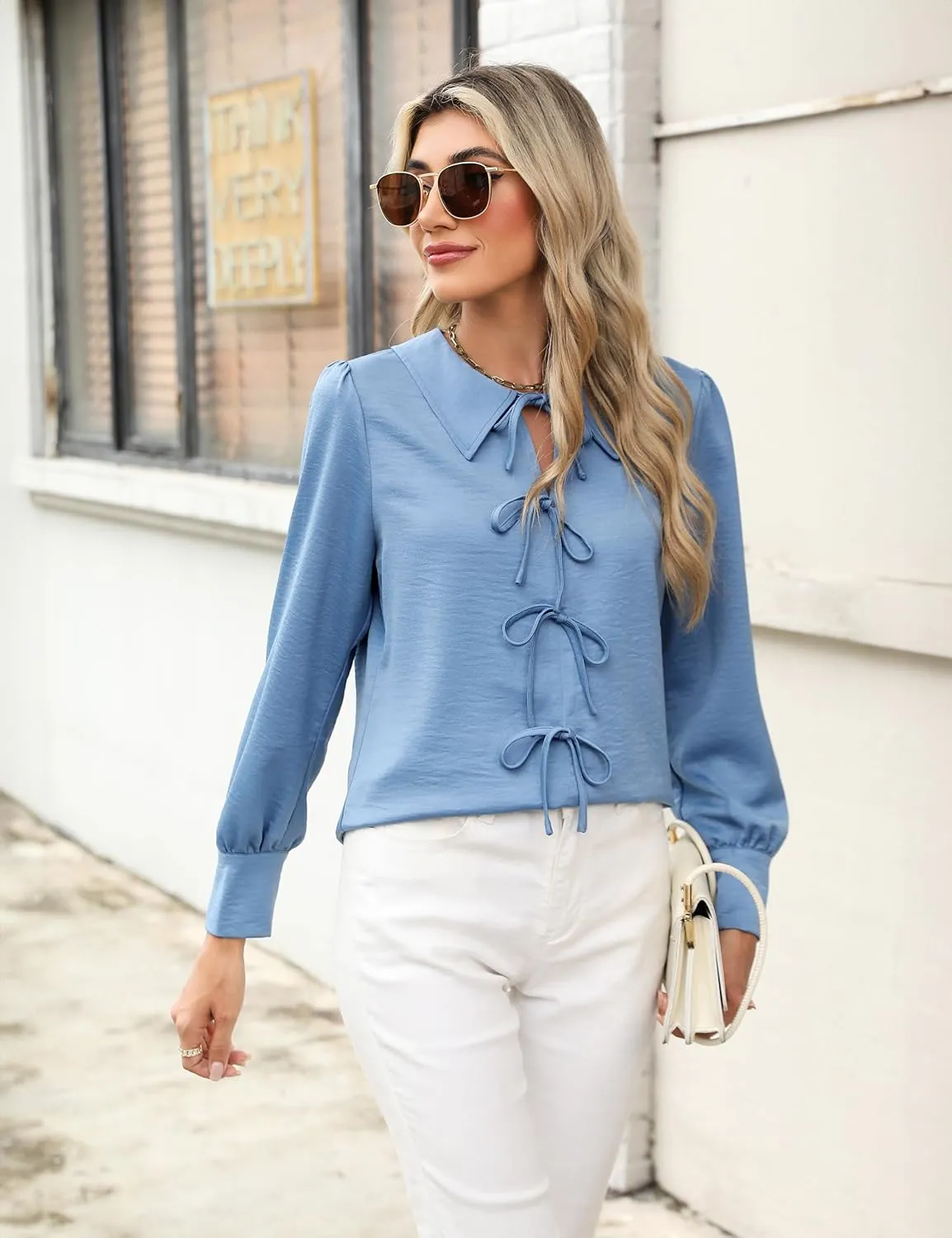 Blooming Jelly Women's Dressy Casual Blouses Business Work Tops Tie Front Long Sleeve Shirts 2025 Fall Outfits