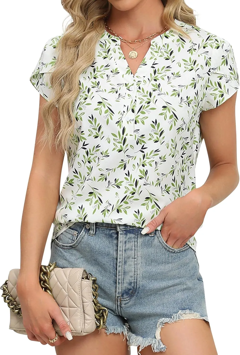 Blooming Jelly Women's Dressy Casual Tops Business Work Blouses White Button Down Shirts Cap Sleeve V Neck Tshirt