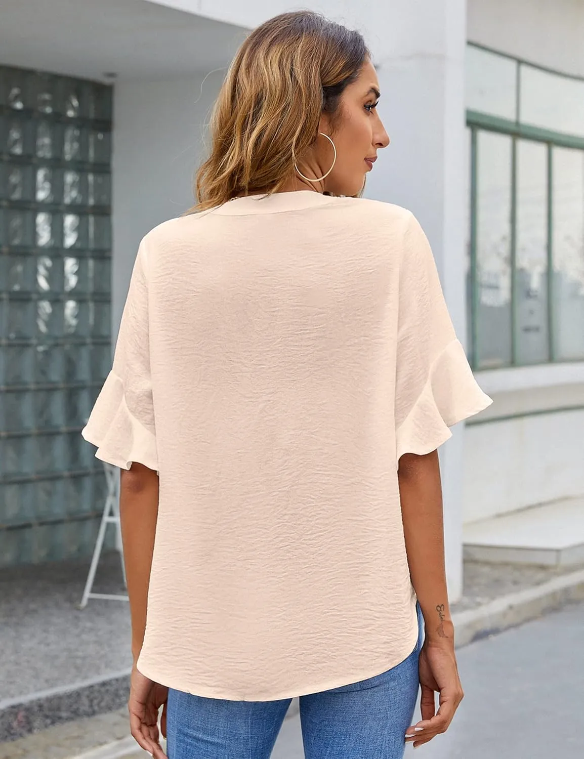 BMJL Womens White Blouses Chiffon Ruffle Short Sleeve V Neck Business Casual Tops Summer Cute Shirt