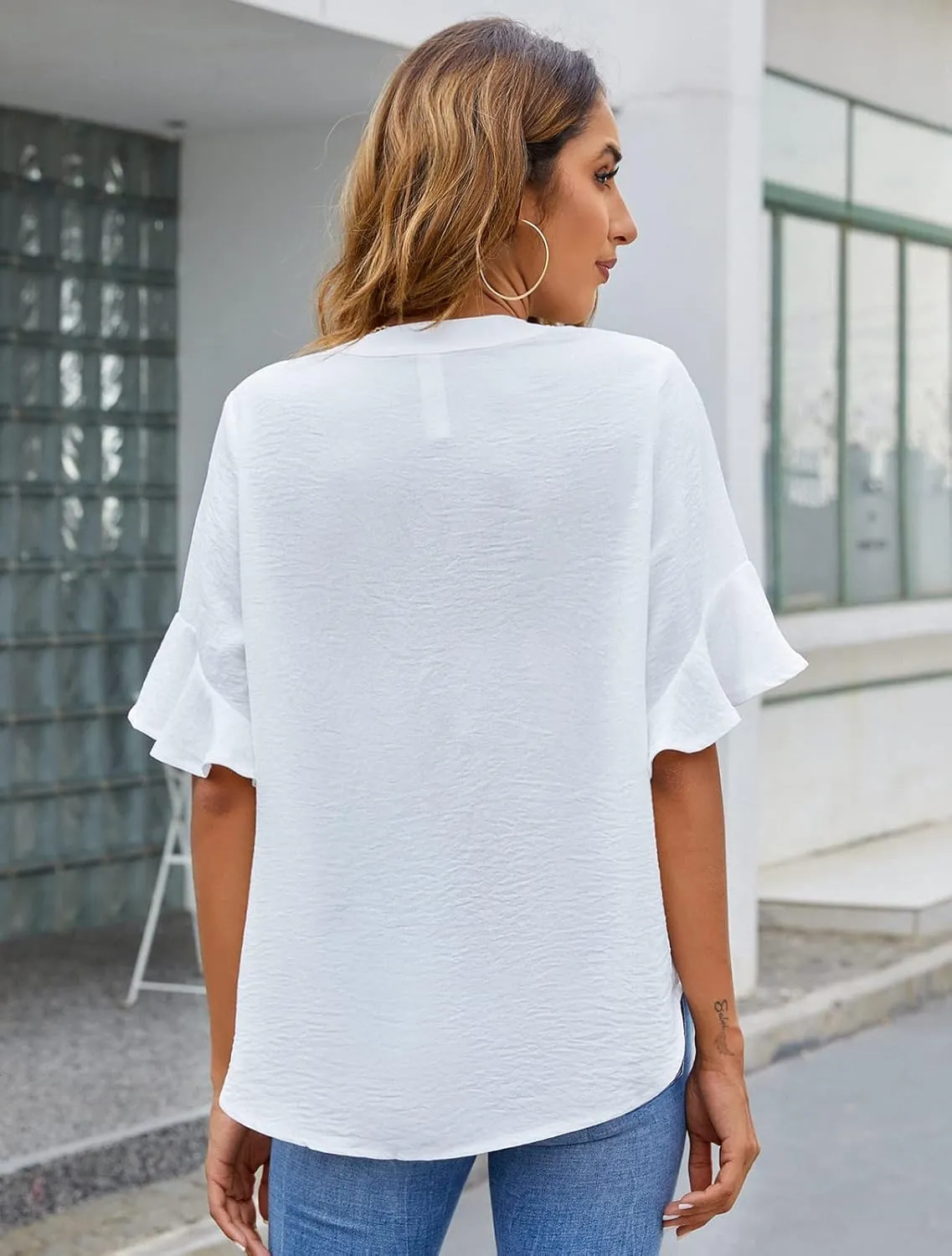 BMJL Womens White Blouses Chiffon Ruffle Short Sleeve V Neck Business Casual Tops Summer Cute Shirt