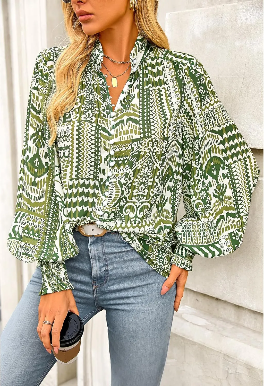 BTFBM Spring Fashion 2025 Button Down Long Sleeve Blouses for Women Dressy Casual V Neck Loose Printed Boho Tops Shirts
