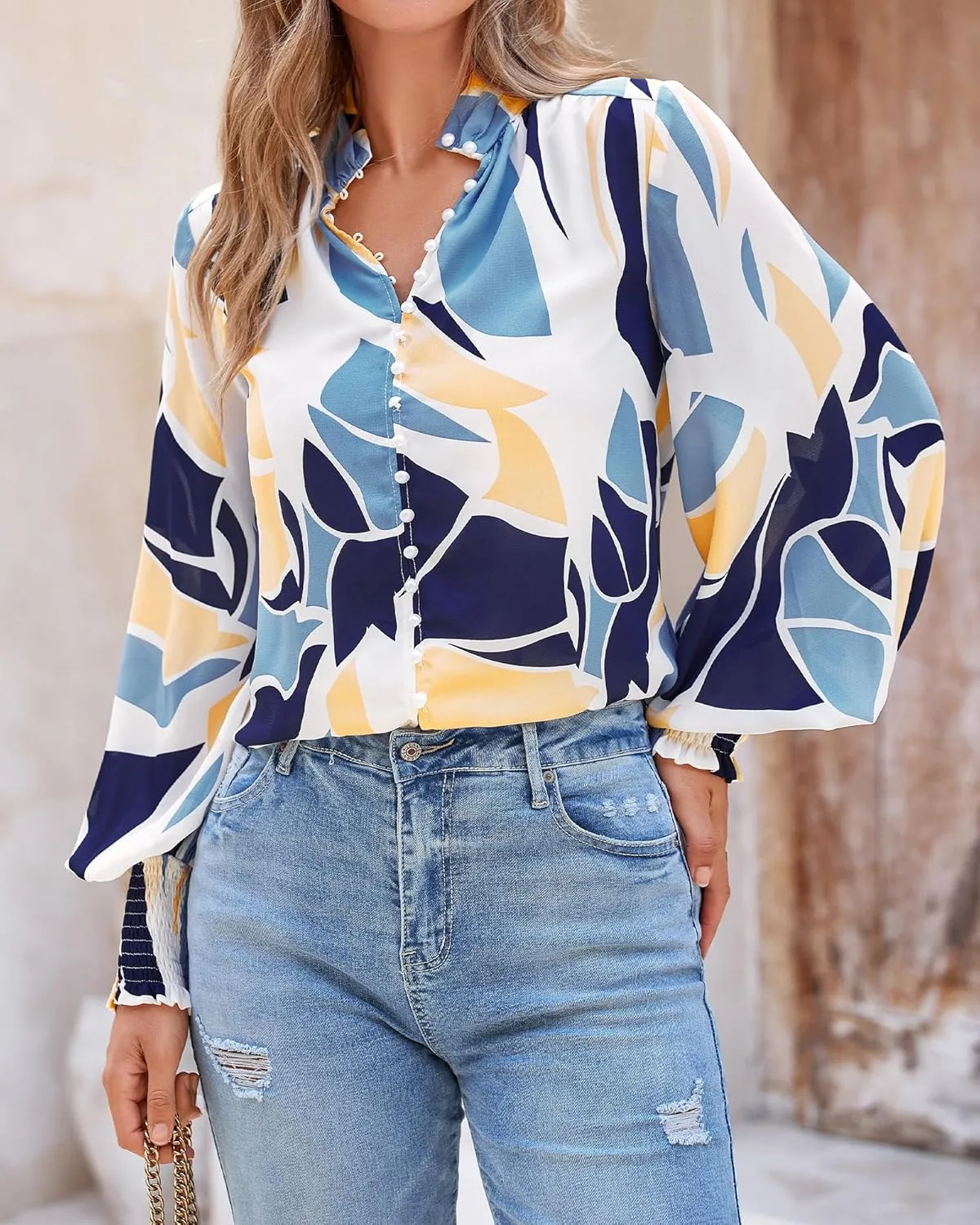 BTFBM Spring Fashion 2025 Button Down Long Sleeve Blouses for Women Dressy Casual V Neck Loose Printed Boho Tops Shirts
