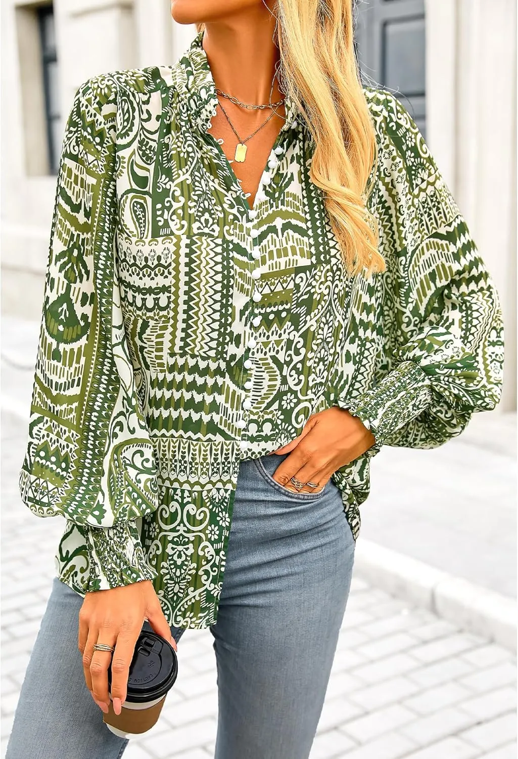BTFBM Spring Fashion 2025 Button Down Long Sleeve Blouses for Women Dressy Casual V Neck Loose Printed Boho Tops Shirts