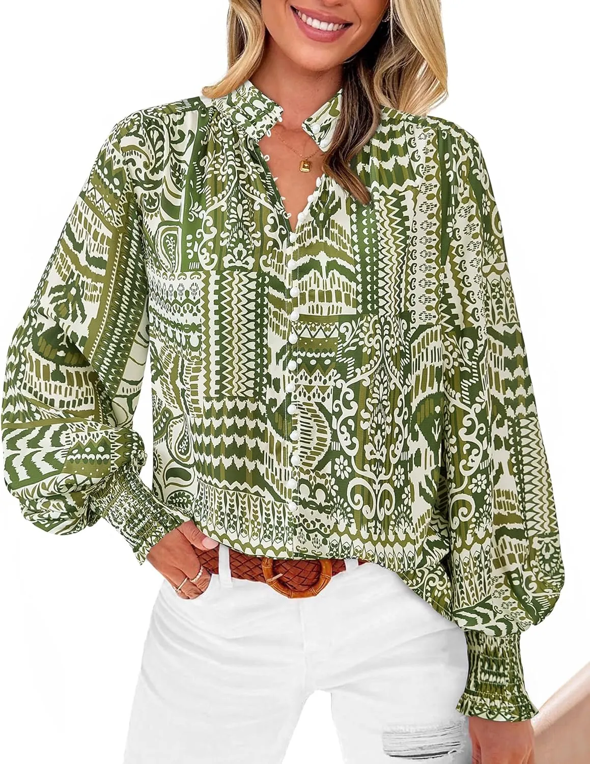 BTFBM Spring Fashion 2025 Button Down Long Sleeve Blouses for Women Dressy Casual V Neck Loose Printed Boho Tops Shirts