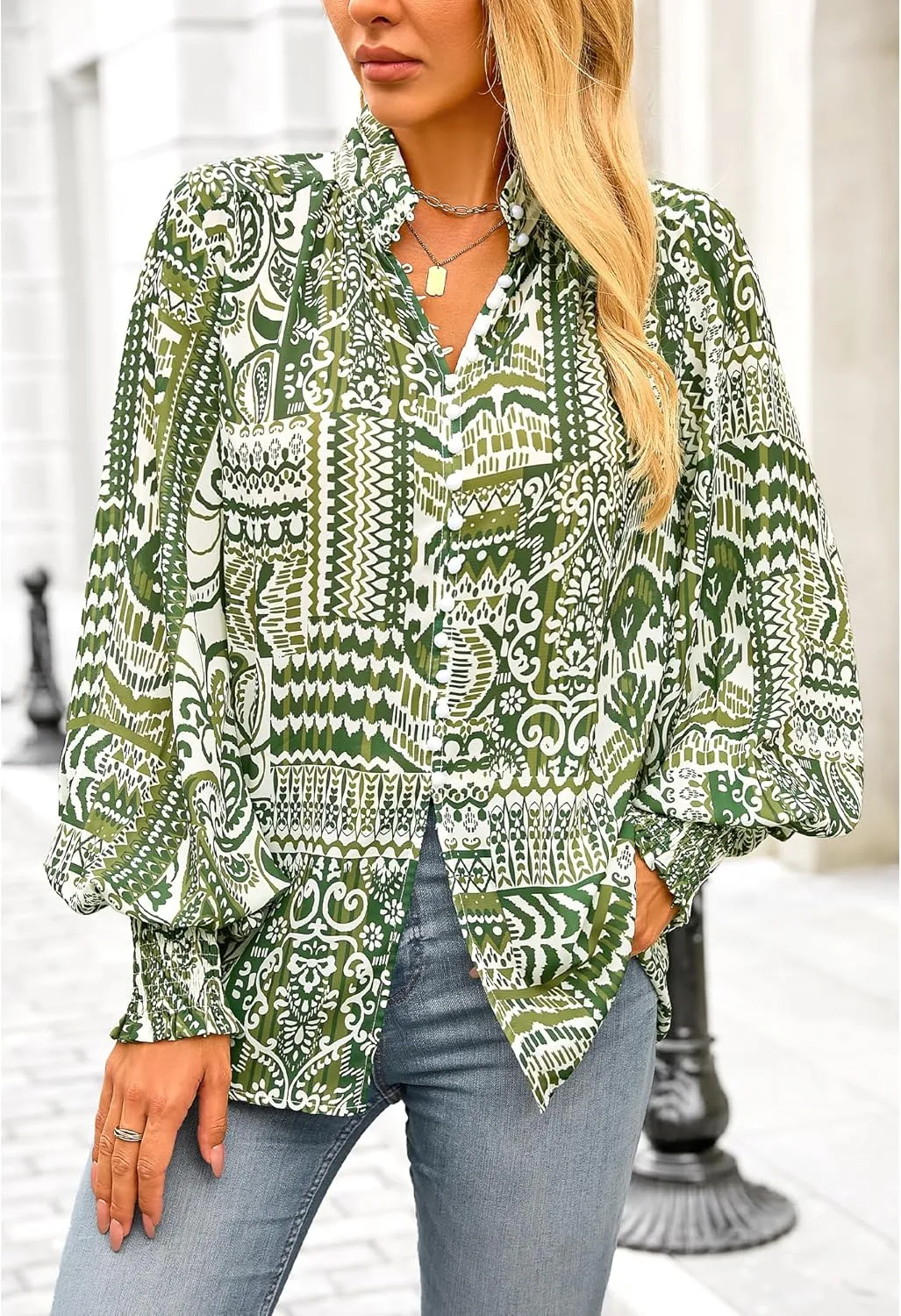 BTFBM Spring Fashion 2025 Button Down Long Sleeve Blouses for Women Dressy Casual V Neck Loose Printed Boho Tops Shirts