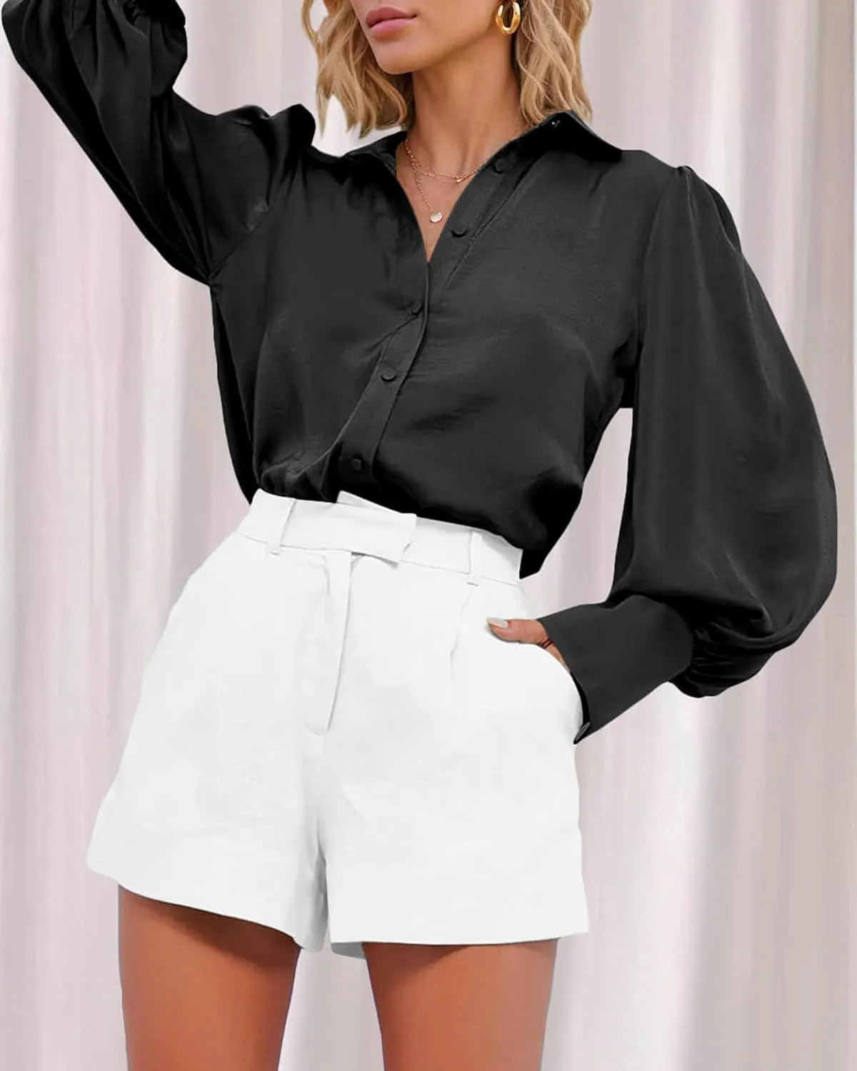 BTFBM Women Satin Button Down Shirts Summer Spring Lantern Long Sleeve Lapel V Neck Blouse Loose Casual Office Work Tops