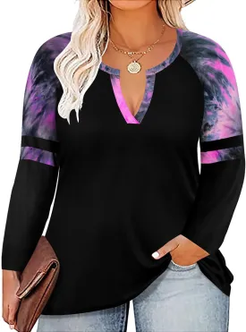 CARCOS Plus Size Tops for Women Long Sleeve Fall Tunic Color Block Camo/Plaid/Leopard/Fall Blouse Crewneck Tshirt XL-5XL