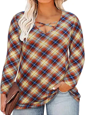 CARCOS Plus Size Tops for Women Long Sleeve Fall Tunic Color Block Camo/Plaid/Leopard/Fall Blouse Crewneck Tshirt XL-5XL