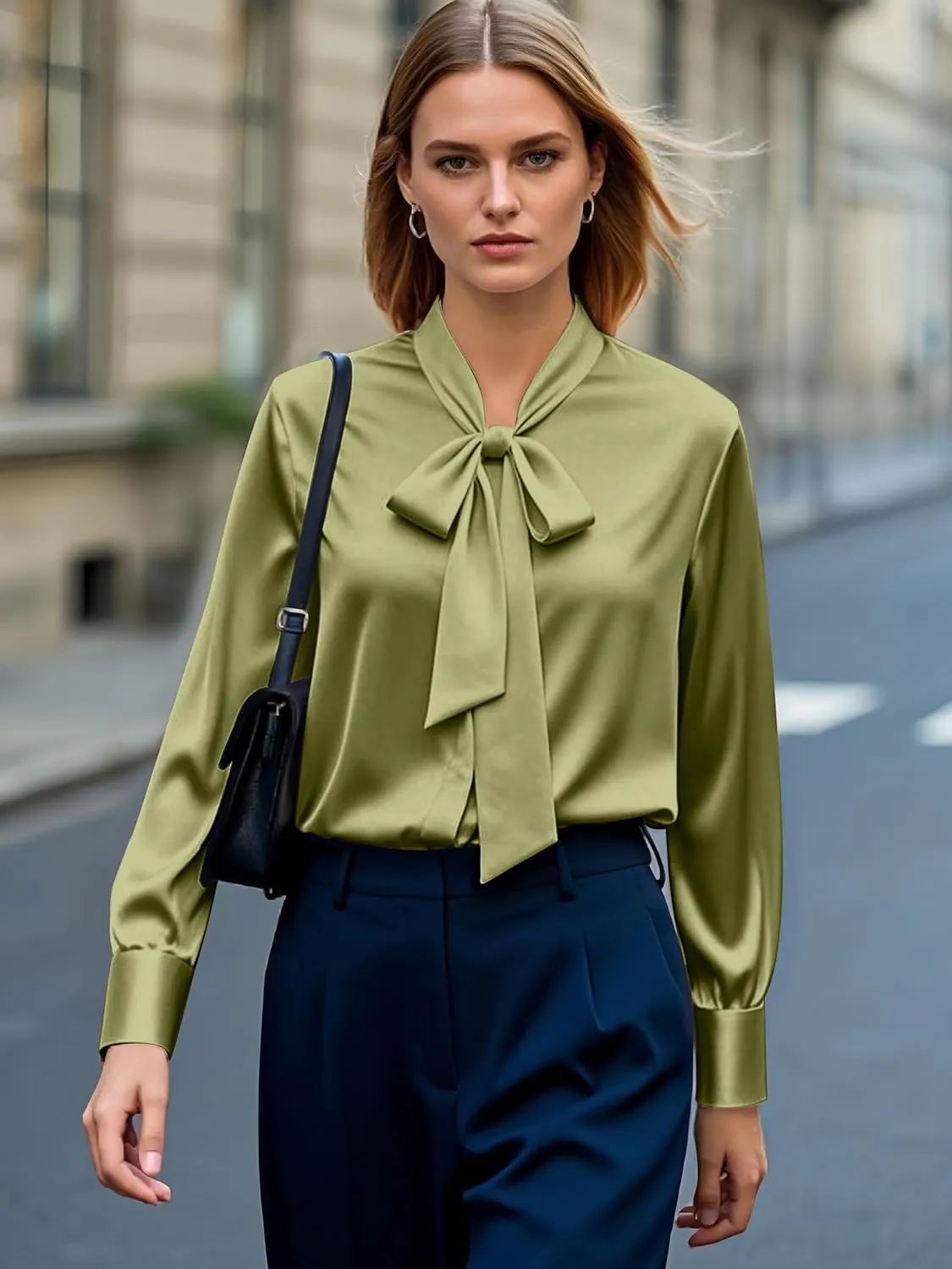 CBOO Women's Bow Tie Neck Button Down Shirts Silk Blouses Long Sleeve Elegant Satin Blouse Casual Dressy Business Tops